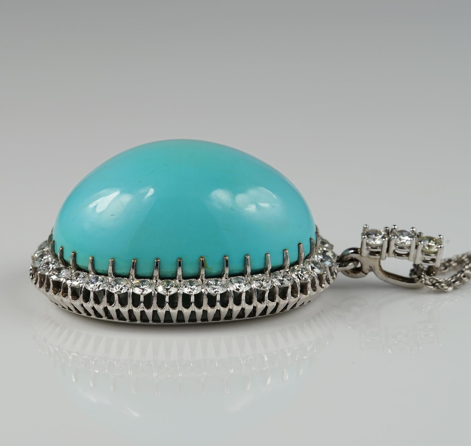 86.00 Carat Natural Persian Turquoise 3.00 Carat Diamond Rare Pendant For Sale 3