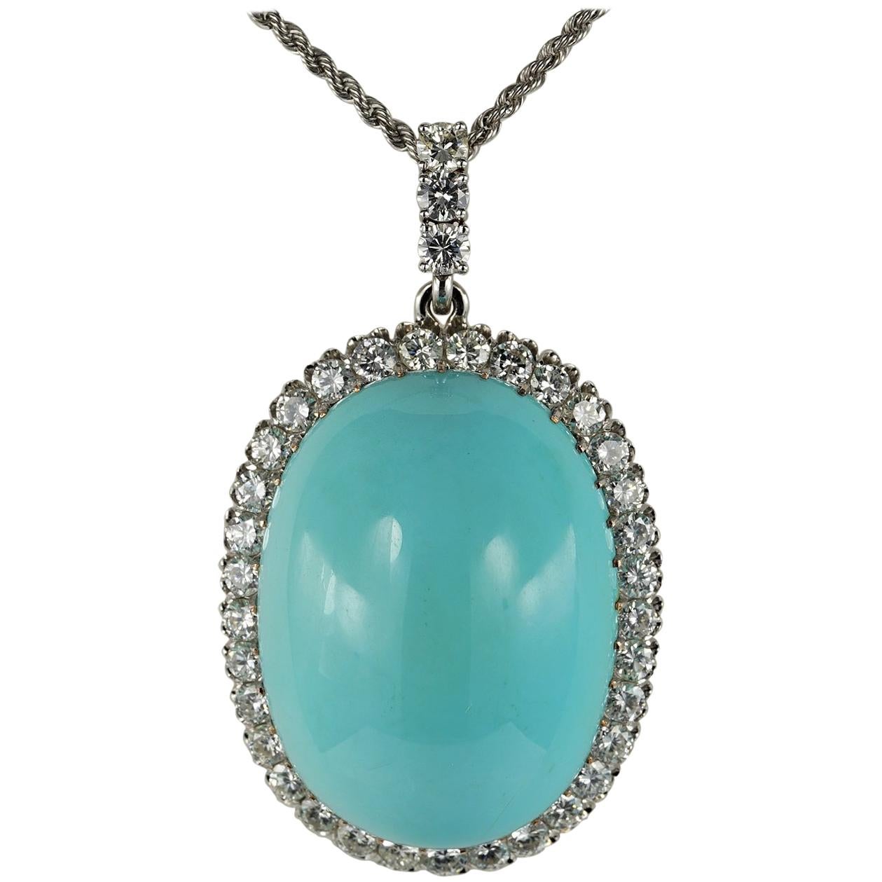 86.00 Carat Natural Persian Turquoise 3.00 Carat Diamond Rare Pendant For Sale