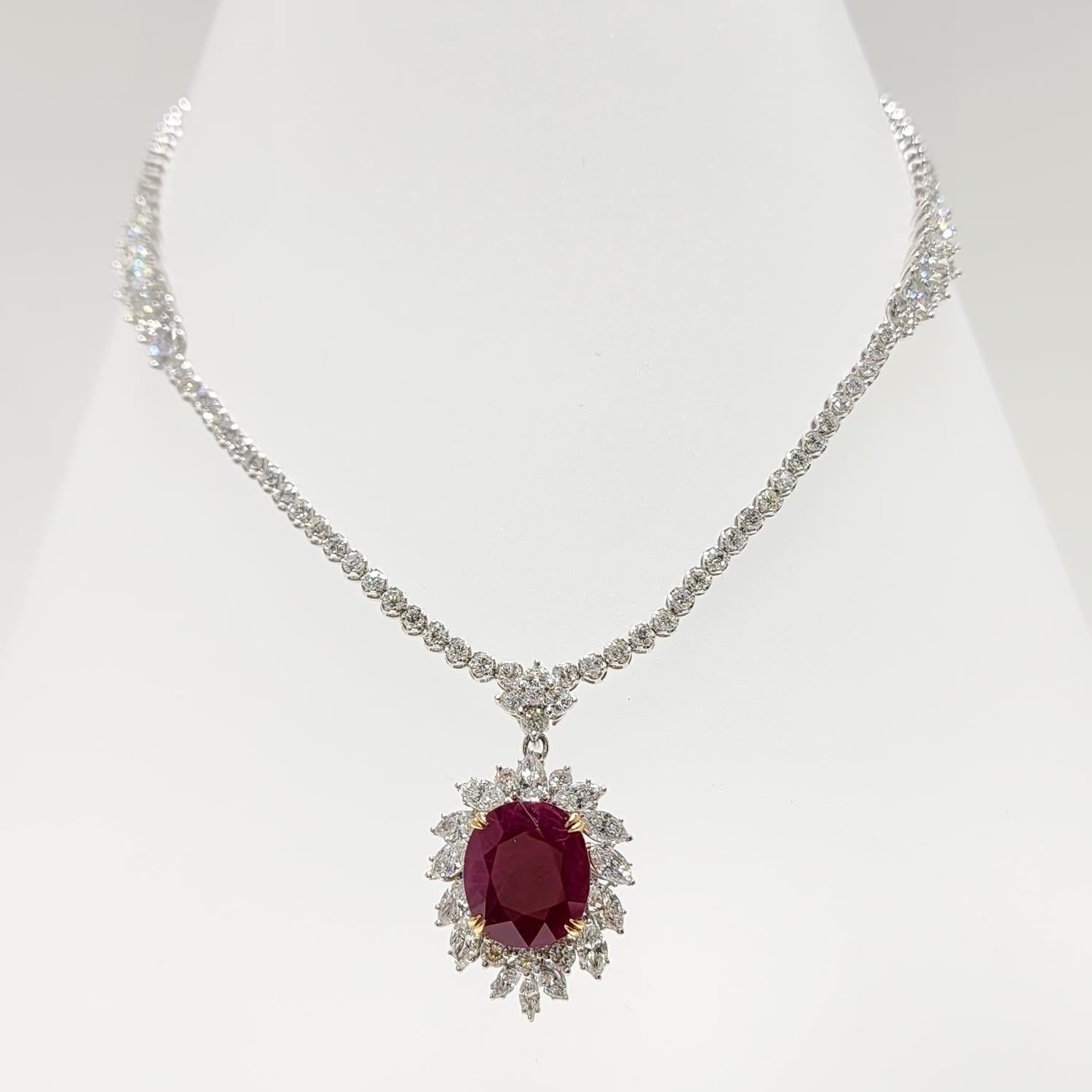 Contemporary 8.61 Carat Burma Ruby Diamond Necklace in 18 Karat White Gold For Sale