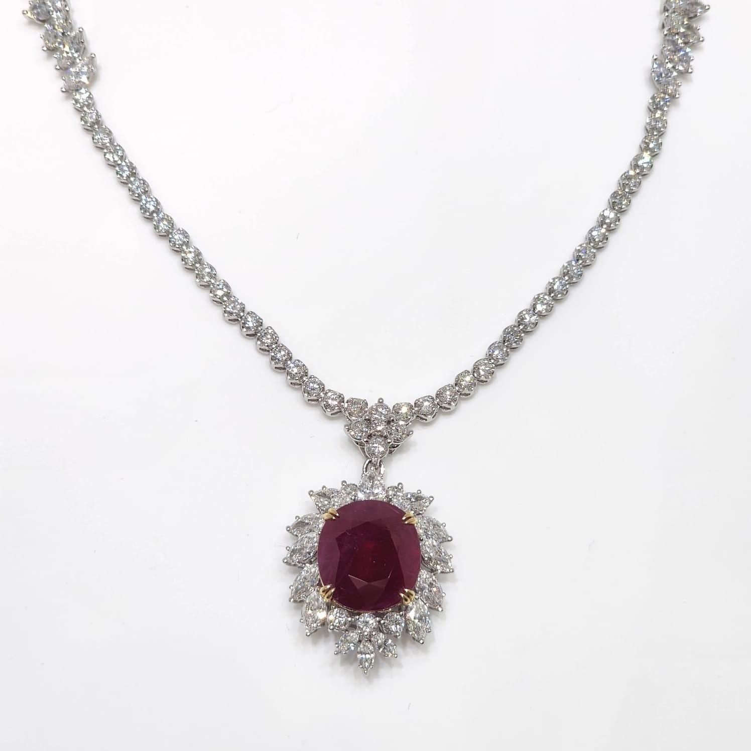 Oval Cut 8.61 Carat Burma Ruby Diamond Necklace in 18 Karat White Gold For Sale