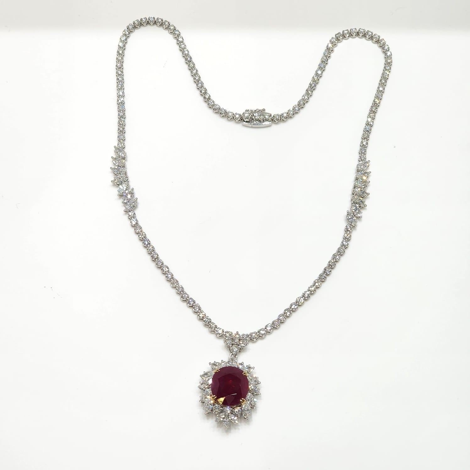 Women's 8.61 Carat Burma Ruby Diamond Necklace in 18 Karat White Gold For Sale