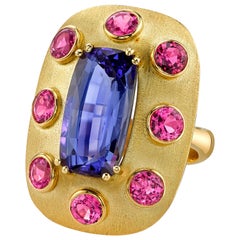 8.61 ct. Tanzanite Cushion, Pink Spinel, Yellow Gold Handmade Dome Ring 