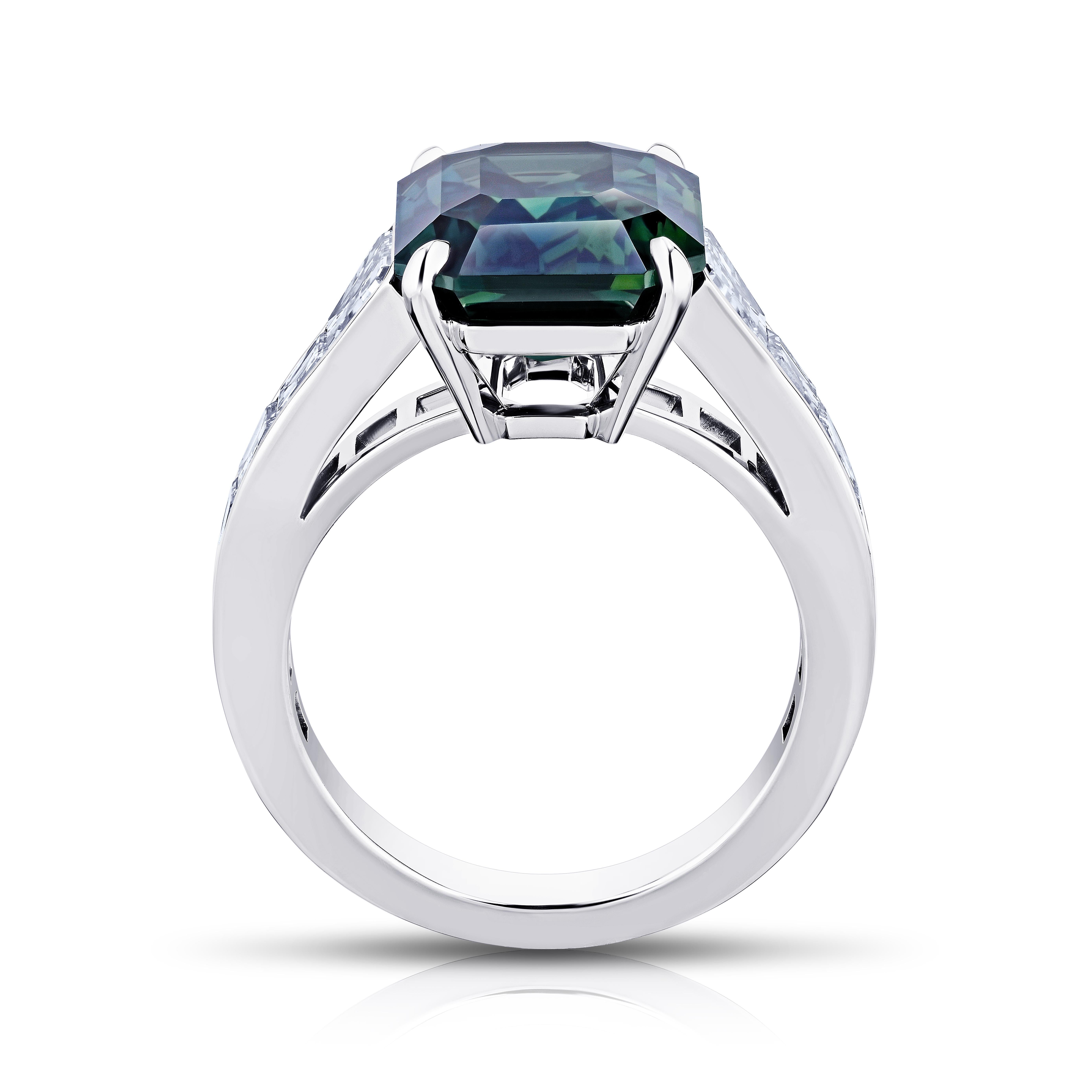 Contemporary 8.61 Carat Emerald Cut Green Sapphire and Diamond Platinum Ring For Sale