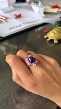 8.61 Carats, Tanzanite Cabochon, Pink Sapphire & Marquise Diamonds Cocktail Ring