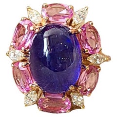 8.61 Carats, Tanzanite Cabochon, Pink Sapphire & Marquise Diamonds Cocktail Ring