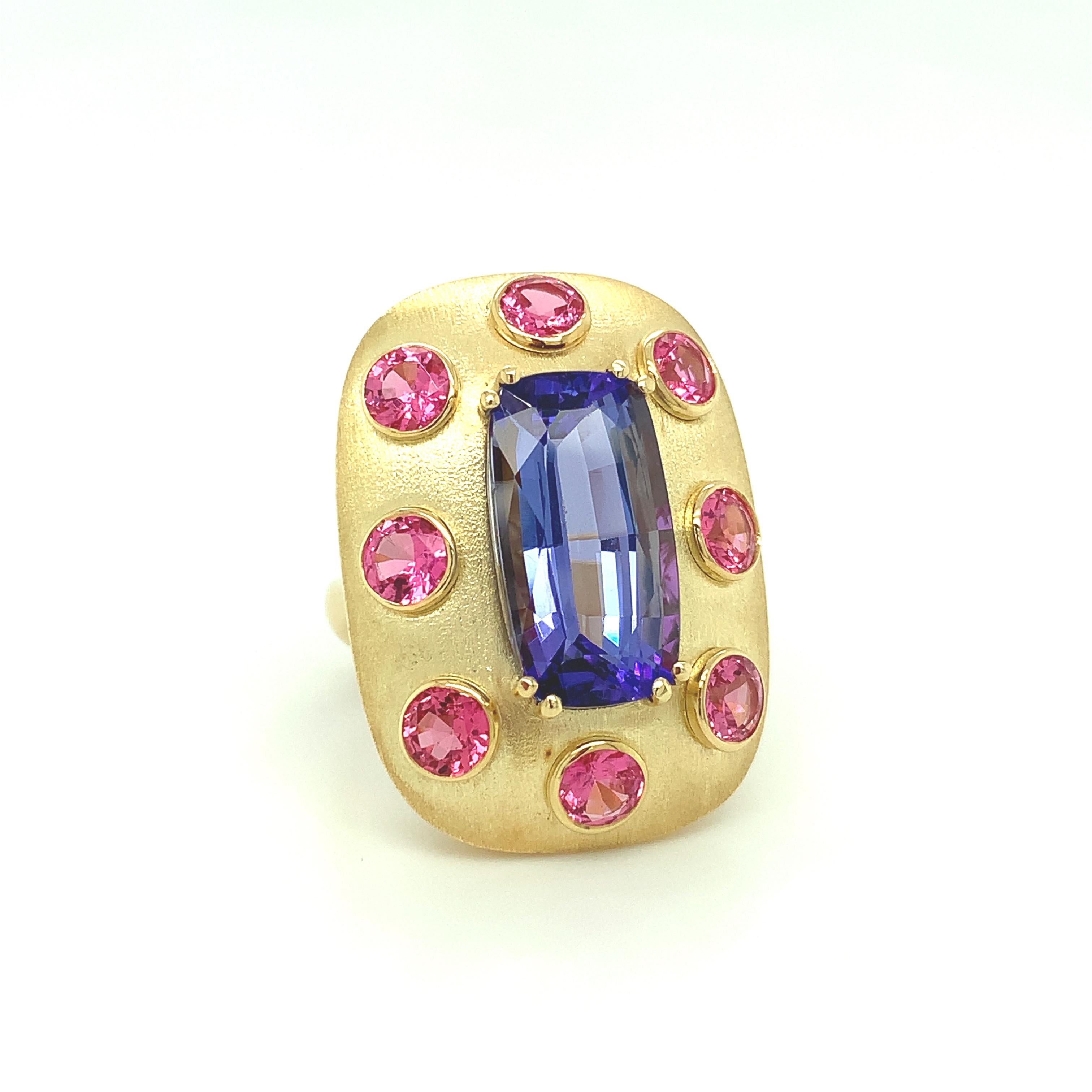 Artisan 8.61 ct. Tanzanite Cushion, Pink Spinel, Yellow Gold Handmade Dome Ring 