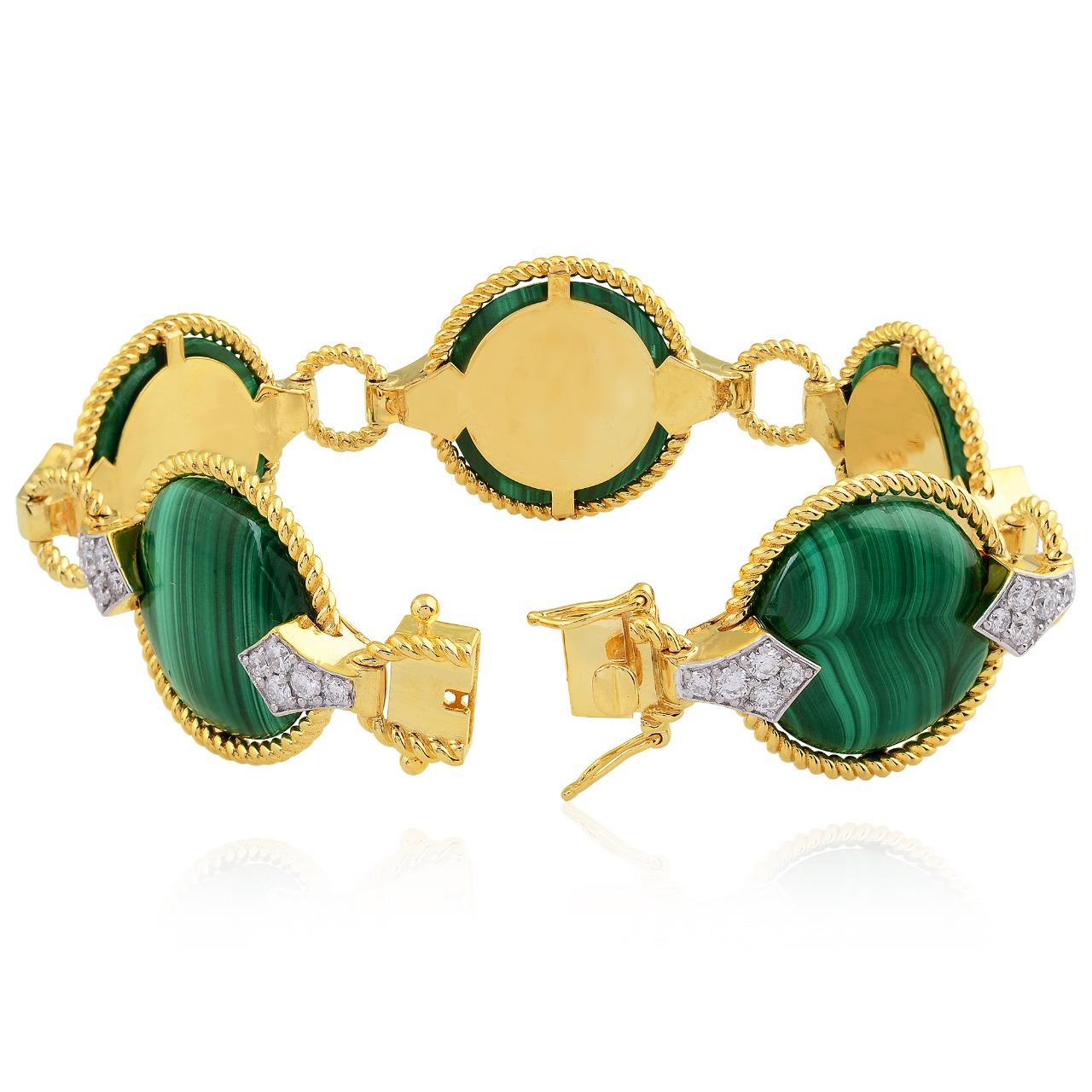 Cast from 14K gold and sterling silver. This beautiful bracelet is crafted with 86.14 carats malachite, and 2.25 carats diamonds. Clasp closure.

FOLLOW  MEGHNA JEWELS storefront to view the latest collection & exclusive pieces.  Meghna Jewels is