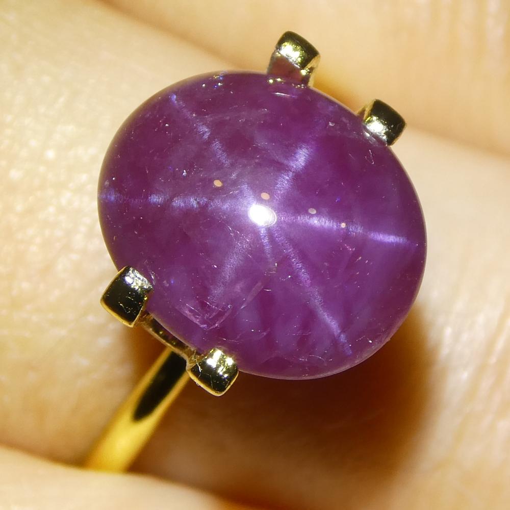 Description:

Gem Type: Star Ruby 
Number of Stones: 1
Weight: 8.61 cts
Measurements: 12.09 x 10.16 x 6.75 mm
Shape: Oval Cabochon
Cutting Style Crown: 
Cutting Style Pavilion: Translucent 
Transparency: Translucent
Clarity: N/A
Colour: Purplish