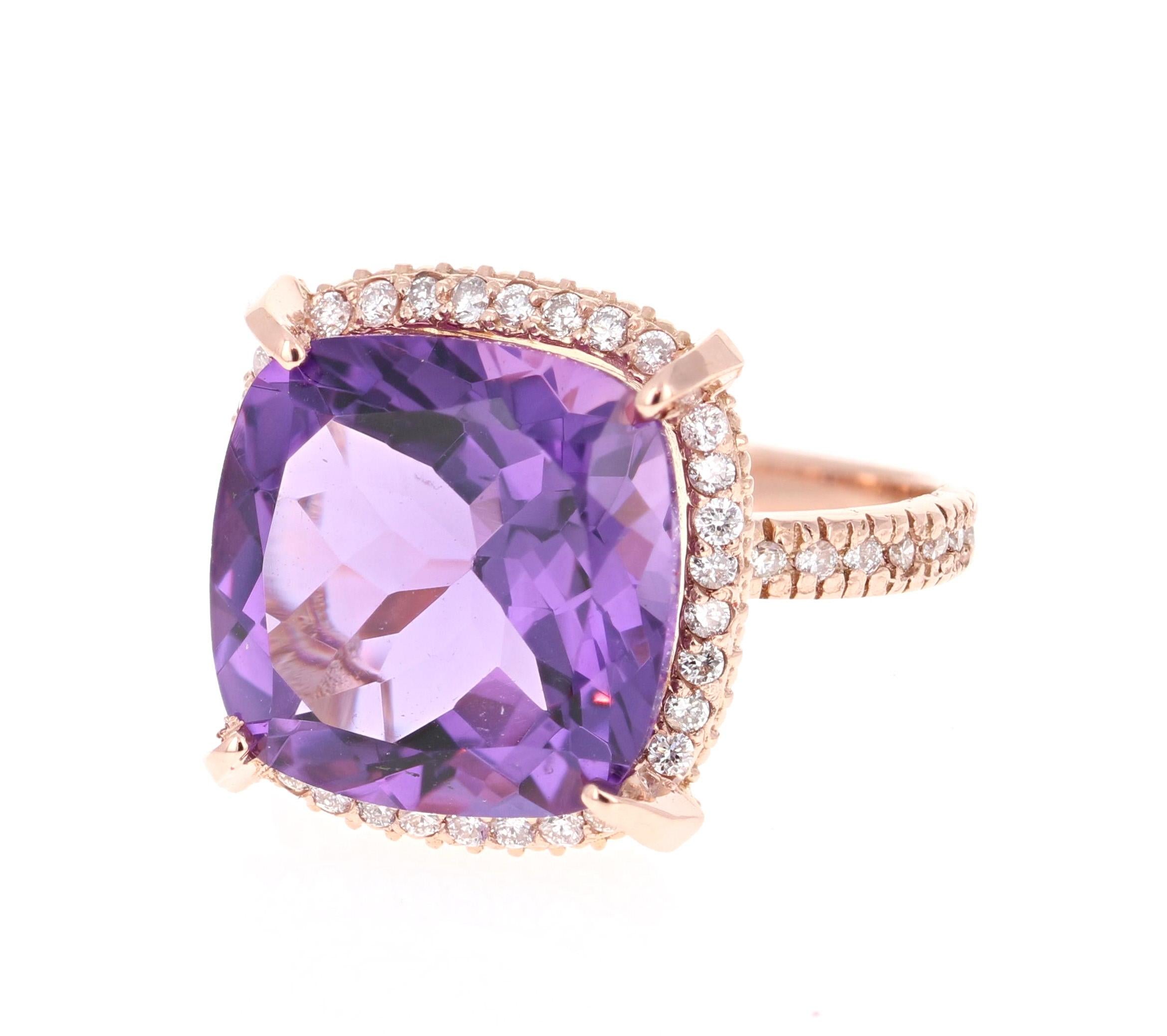 Cushion Cut 8.62 Carat Amethyst Diamond Rose Gold Bridal Ring