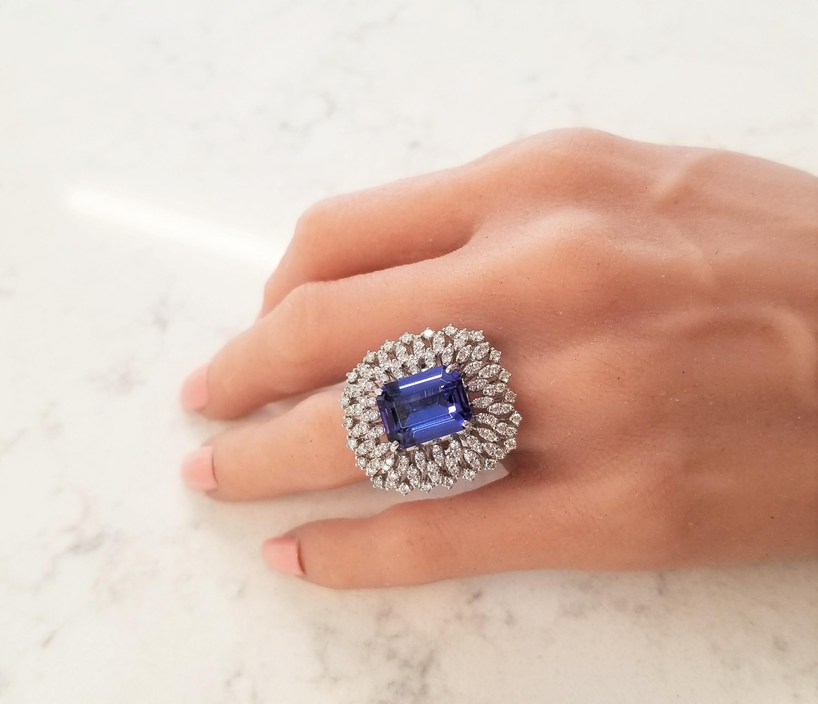 8.62 Carat Emerald Cut Tanzanite and Diamond Cocktail Ring in 14 Karat Gold In New Condition In Chicago, IL