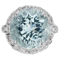 Antique 8.62 Carat Round Aquamarine Diamond White Gold Cocktail Ring