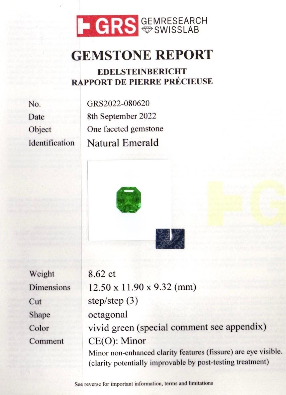 Emerald Cut 8.62 carats Colombian Emerald Octagon Cut GRS Certified Muzo For Sale