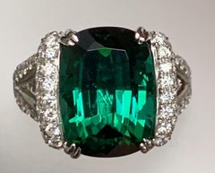 8.63 Carat Cushion Green Tourmaline Diamonds Cocktail Ring