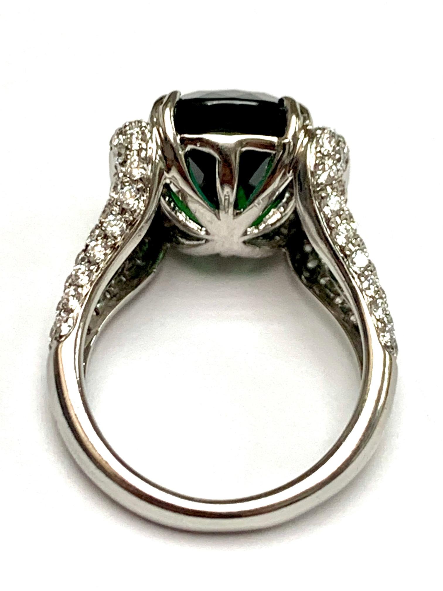 Cushion Cut 8.63 Carat Cushion Green Tourmaline Diamonds Cocktail Ring For Sale