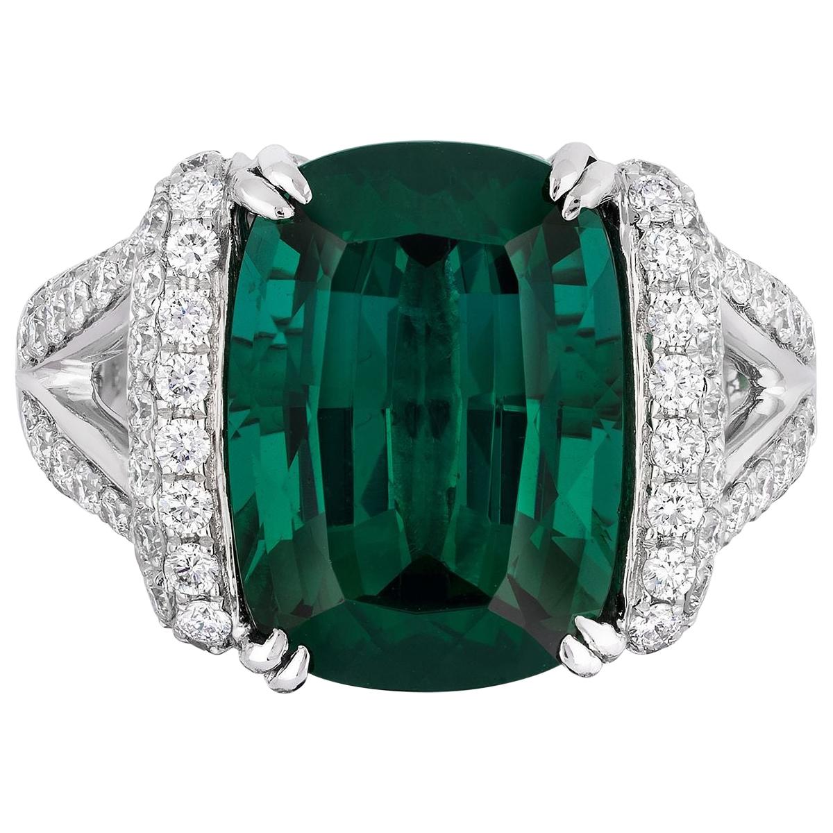 8.63 Carat Cushion Green Tourmaline Diamonds Cocktail Ring