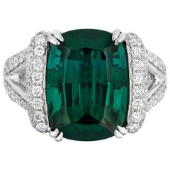 Bague cocktail en diamants et tourmaline verte taille coussin de 8,63 carats