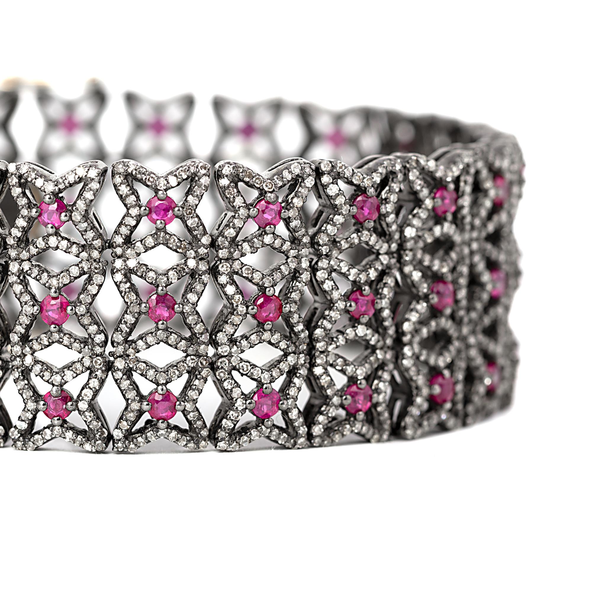 Art déco Bracelet rétro de style vintage en diamants et rubis de 8,63 carats en vente