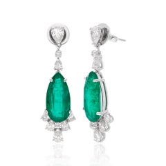 8.63 Carat Emerald Gemstone Dangle Earrings 2.00 Ct. Diamond 18k White Gold