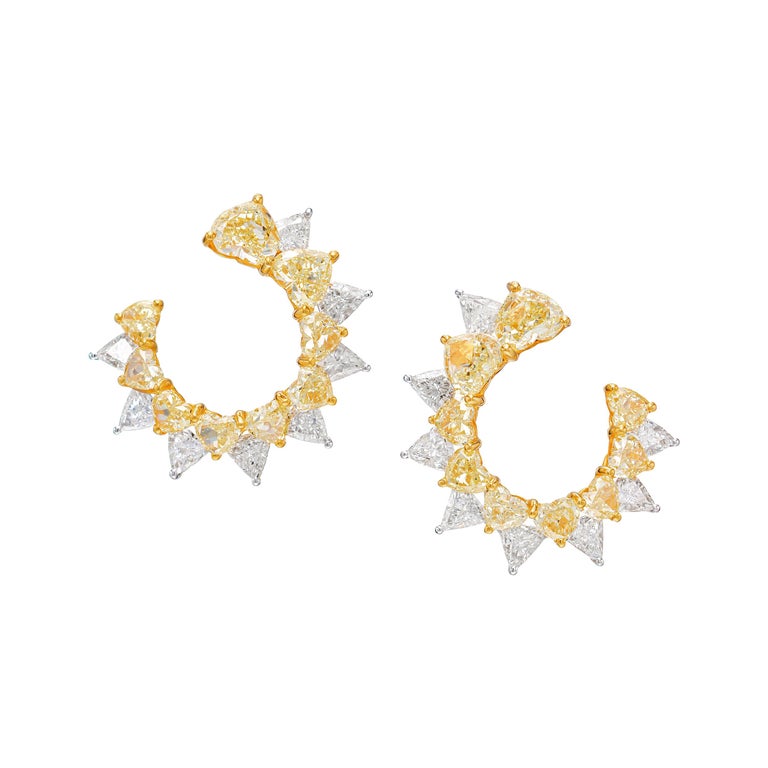 8.63 Carat Heart Shape Yellow Diamond Loop Earrings in 18K Gold For Sale