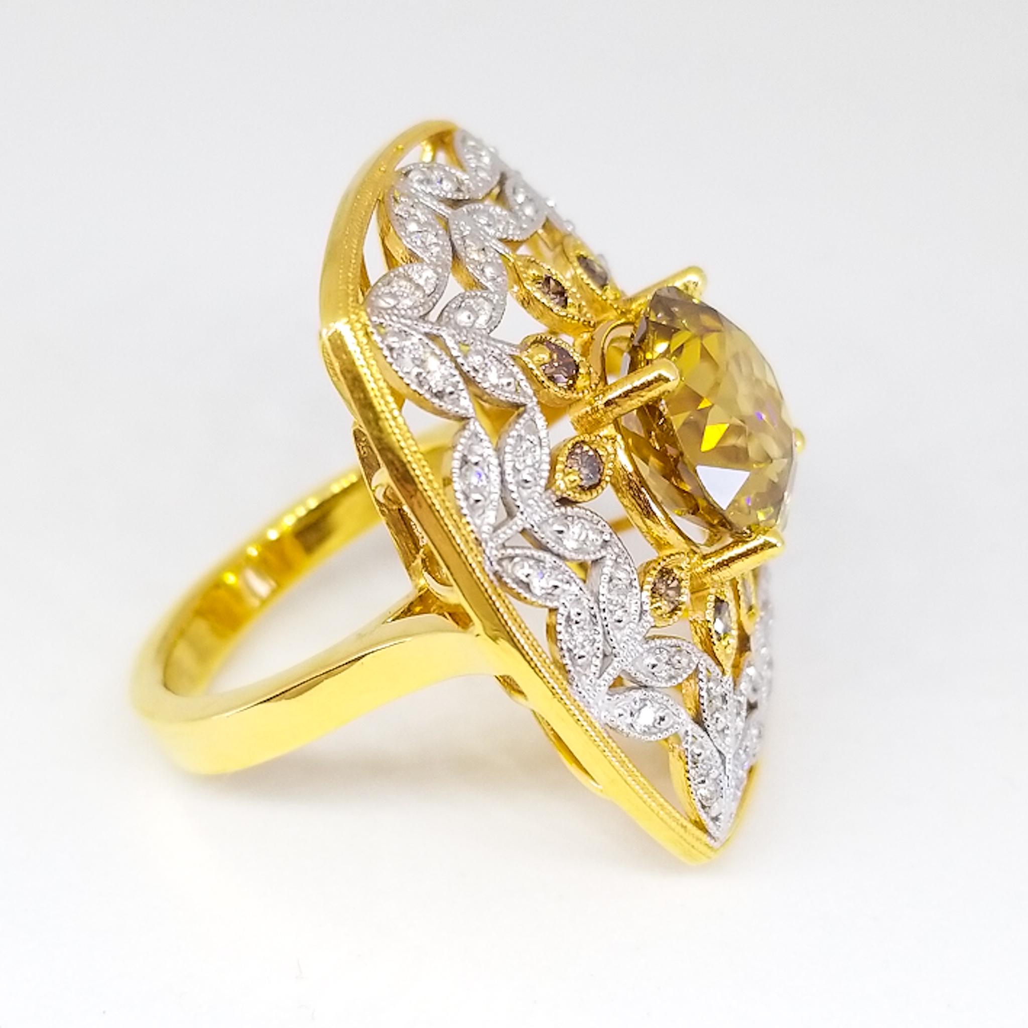 8.63 Carat Natural Fancy Champagne Zircon and Diamond 18K Filigree Cocktail Ring 2