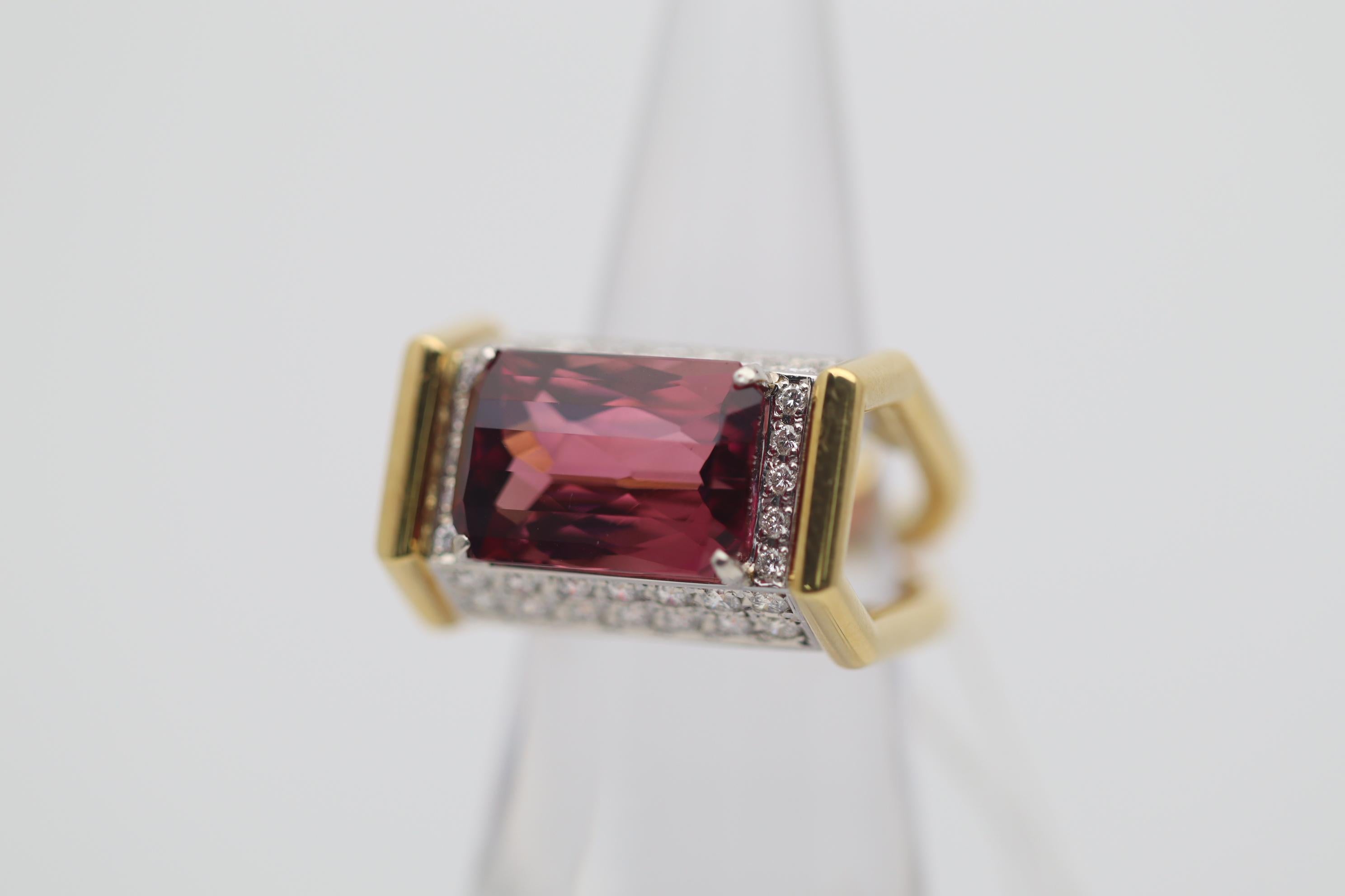 Tapered Baguette 8.63 Carat Pink Tourmaline Diamond Gold & Platinum Geometric Ring For Sale