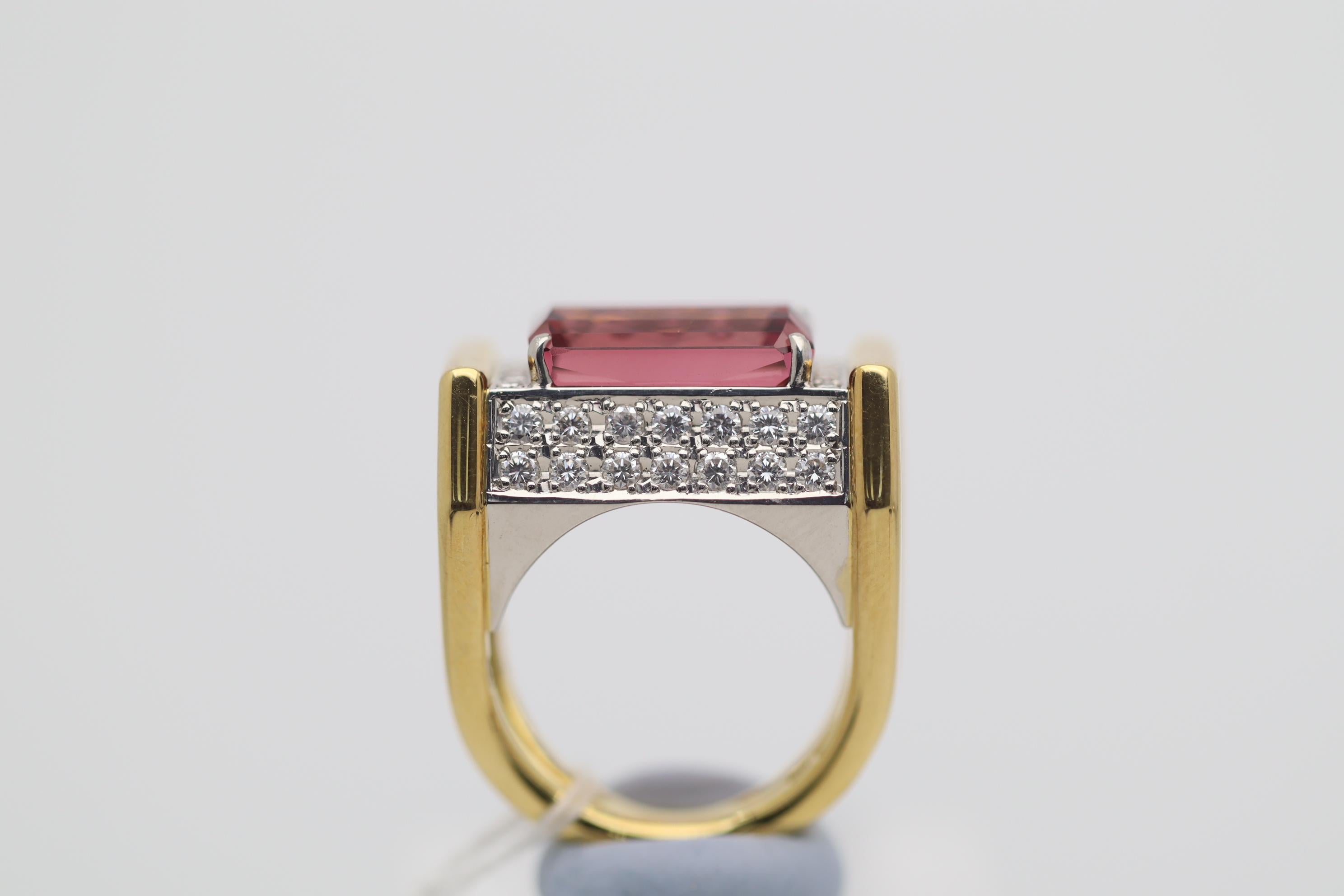 Women's 8.63 Carat Pink Tourmaline Diamond Gold & Platinum Geometric Ring For Sale