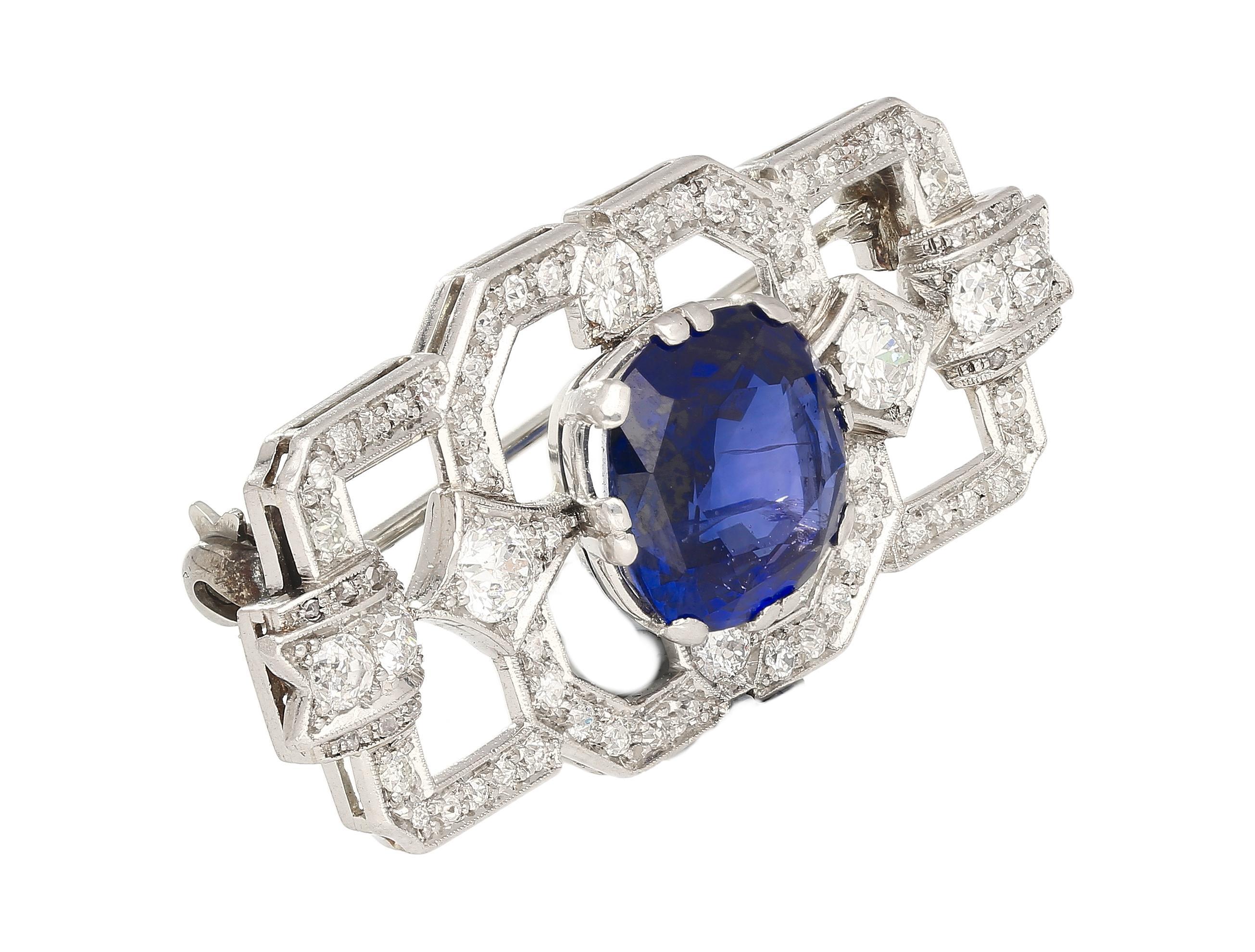8.64 Carat AGL Certified Ceylon Cushion Cut Blue Sapphire and Diamond Brooch Pin In Excellent Condition For Sale In Miami, FL