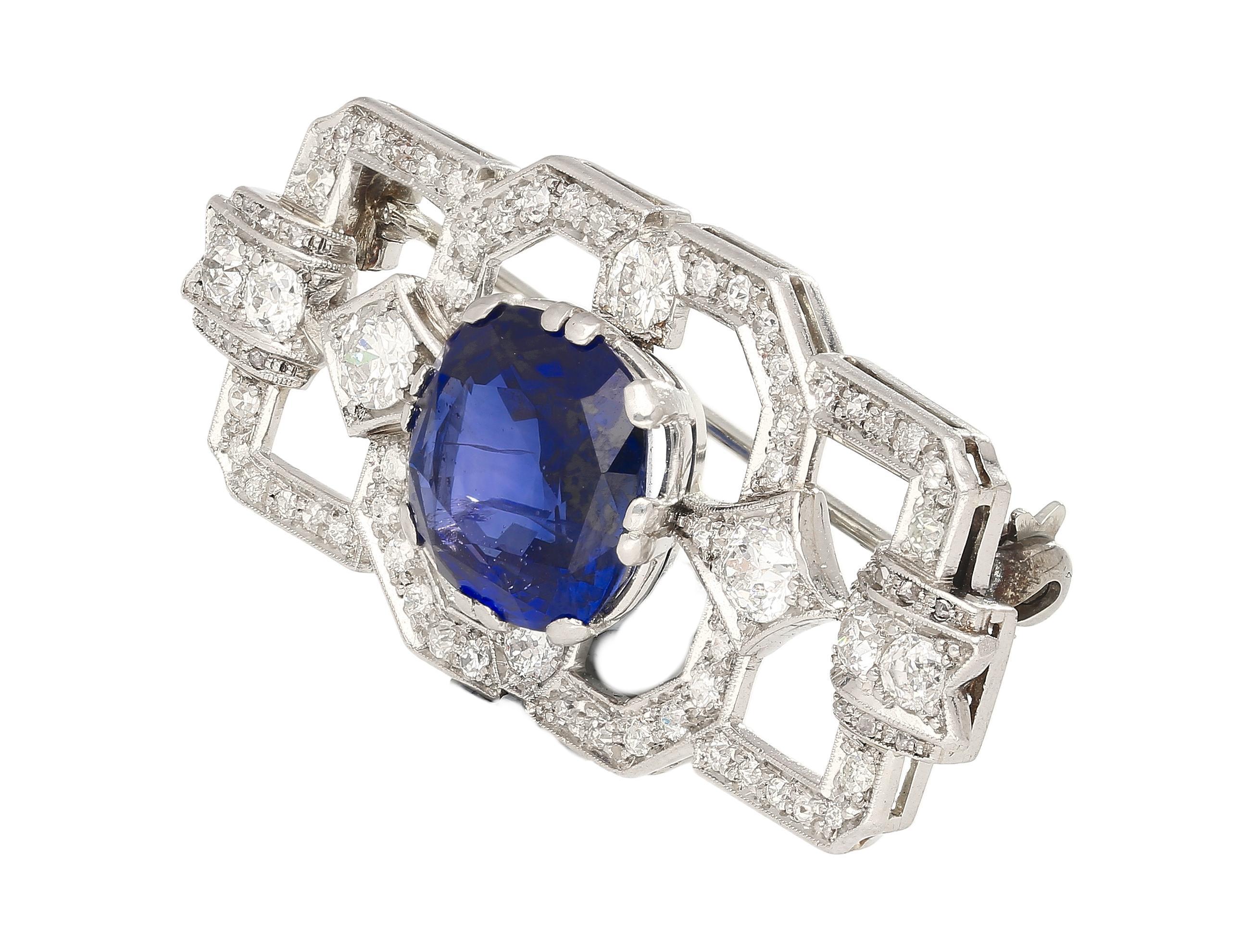 Women's or Men's 8.64 Carat AGL Certified Ceylon Cushion Cut Blue Sapphire and Diamond Brooch Pin For Sale