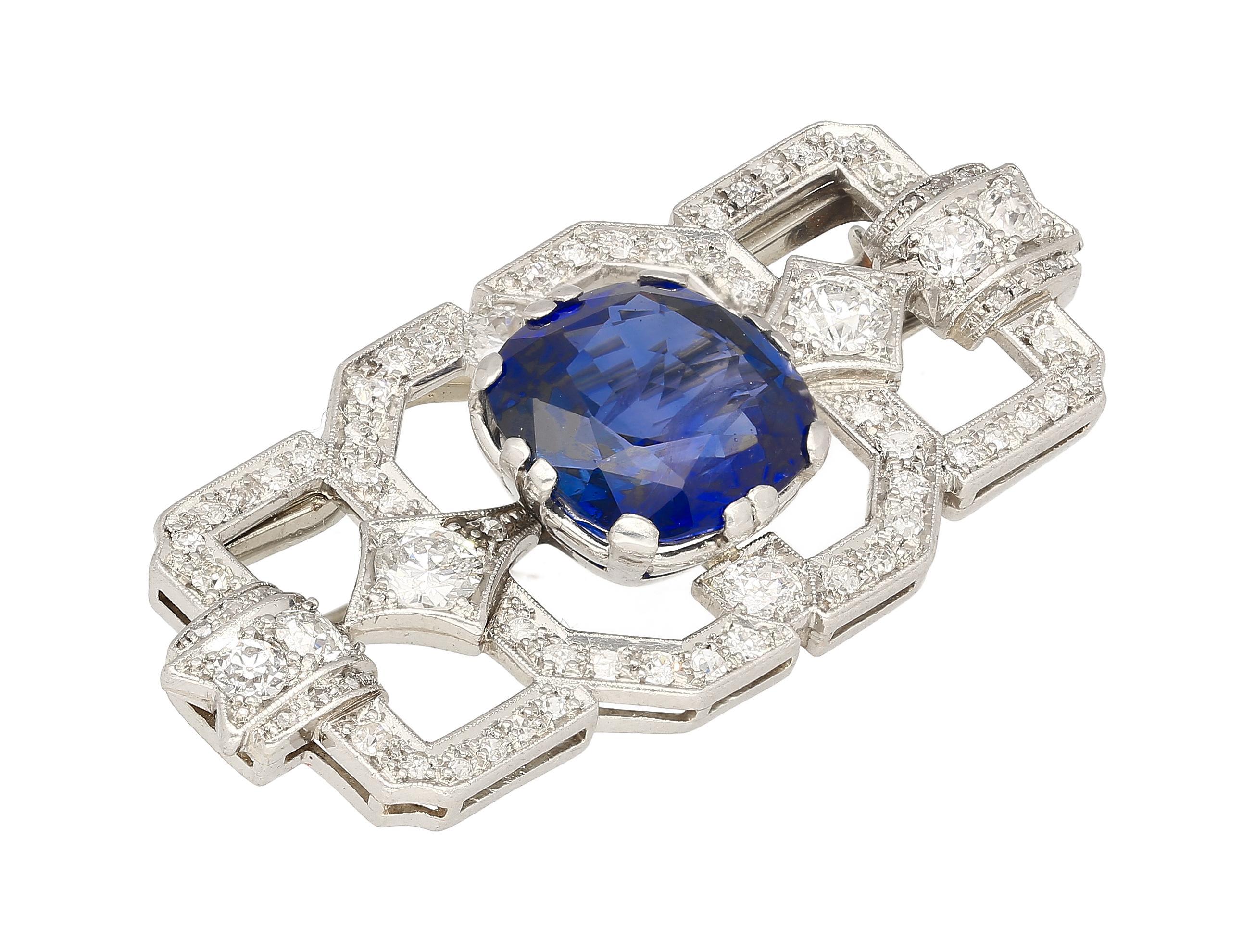 8.64 Carat AGL Certified Ceylon Cushion Cut Blue Sapphire and Diamond Brooch Pin For Sale 1