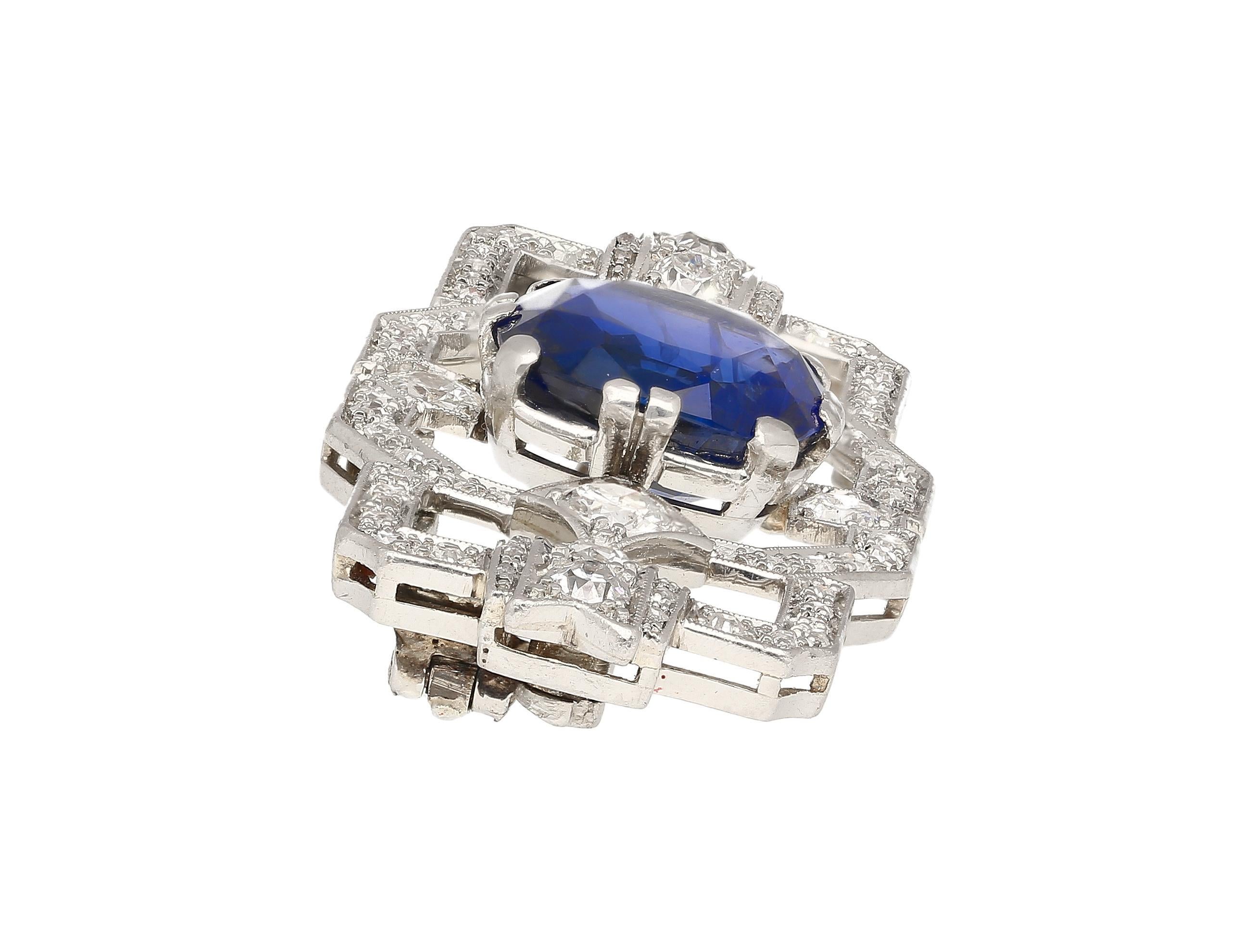 Brosche/Anstecknadel, 8,64 Karat AGL-zertifizierter blauer Saphir und Diamant im Ceylon-Kissenschliff mit Kissenschliff im Angebot 3
