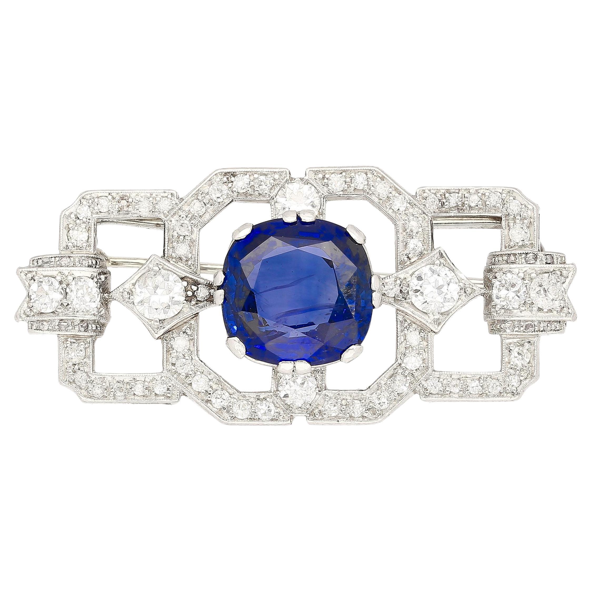 8.64 Carat AGL Certified Ceylon Cushion Cut Blue Sapphire and Diamond Brooch Pin