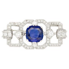 8.64 Carat AGL Certified Ceylon Cushion Cut Blue Sapphire and Diamond Brooch Pin