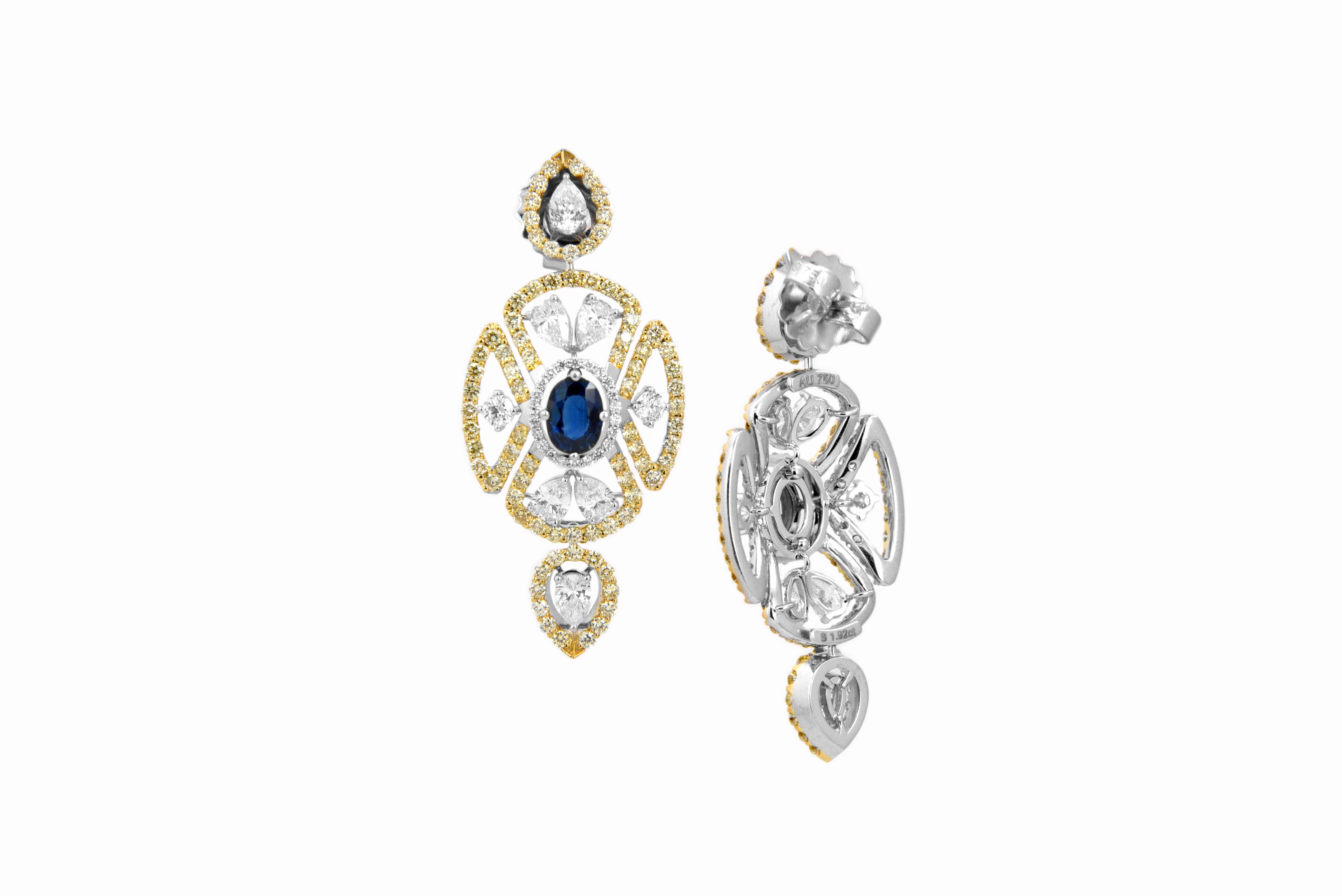This classical yet modern earring is perfect for a night out. This earring contains 1.92Carats of oval cut sapphires, and 6.72 carats of VVS quality diamonds.