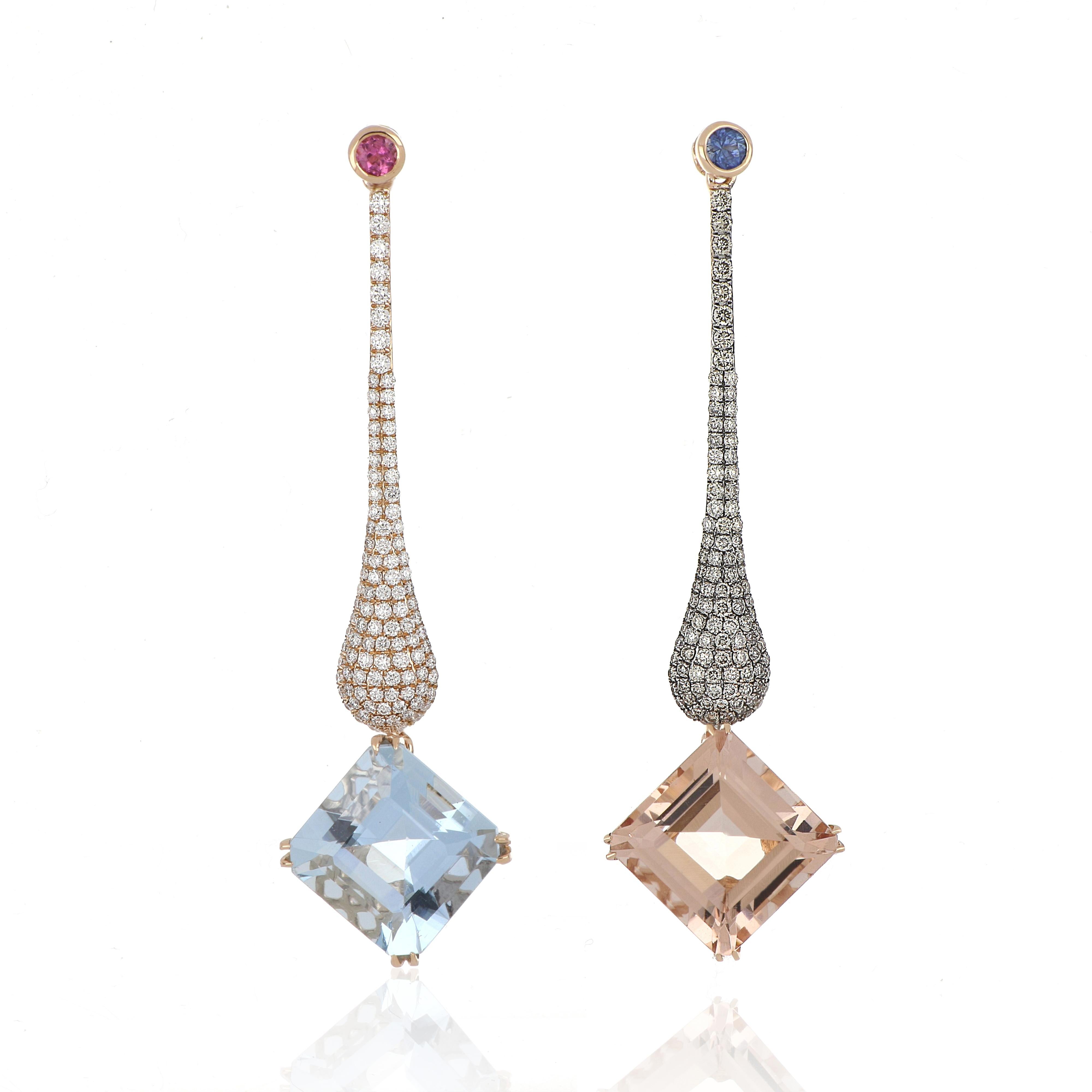 Orecchino di Morganite e Acquamarina da 8,64 carati totali con diamanti in oro 18 carati in vendita 2