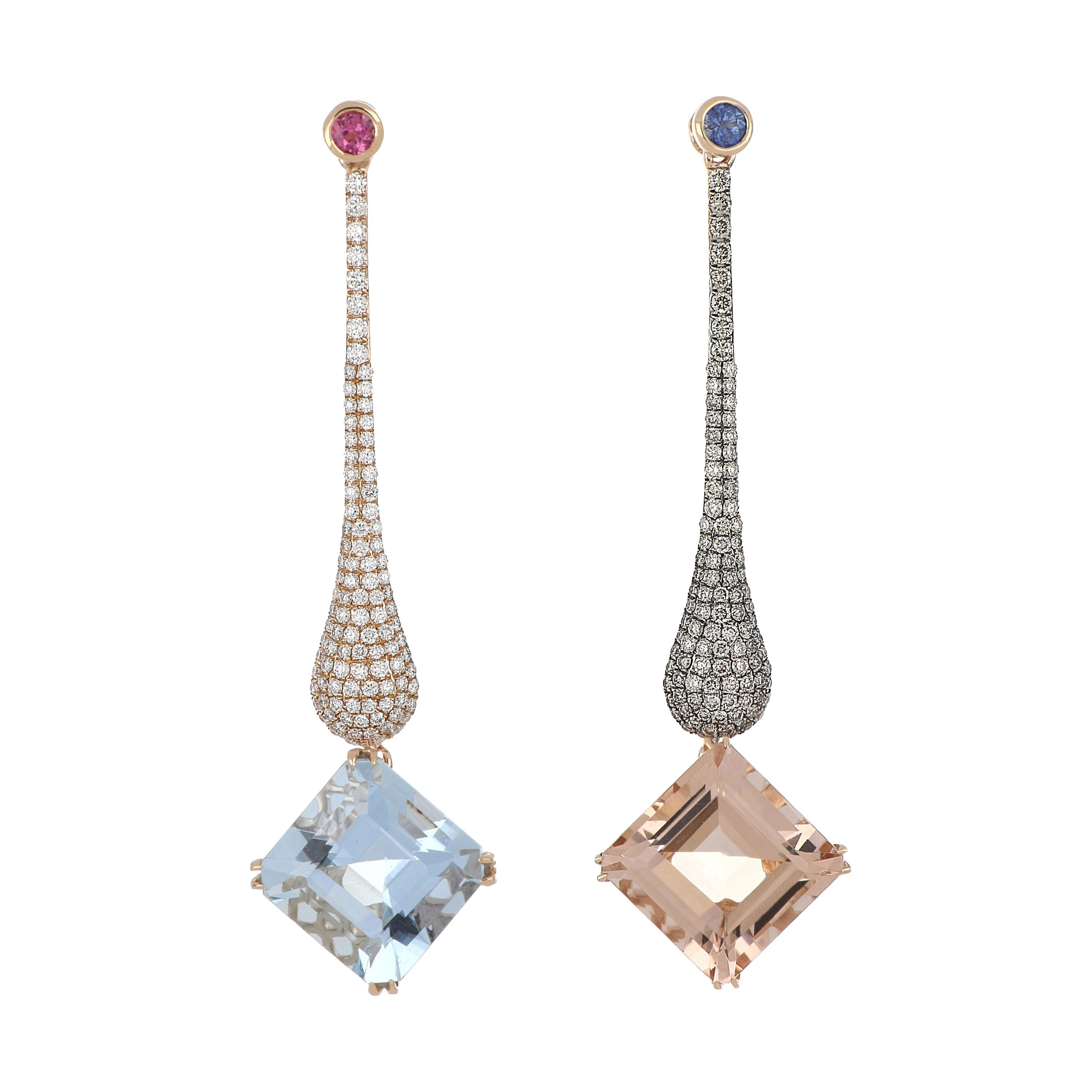 8.64 Carat Total Morganite and Aquamarine Earring with Diamonds in 18 Karat Gold