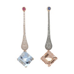 Boucles d'oreilles en or 18 carats avec aigue-marine et morganite de 8,64 carats au total et diamants