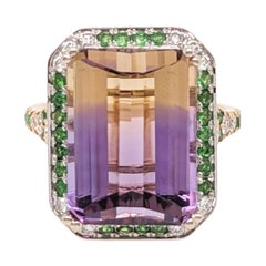 8.64ct Ametrine w Tsavorite & Diamonds 14k Dual Tone Gold Barrel Cut 15x11mm