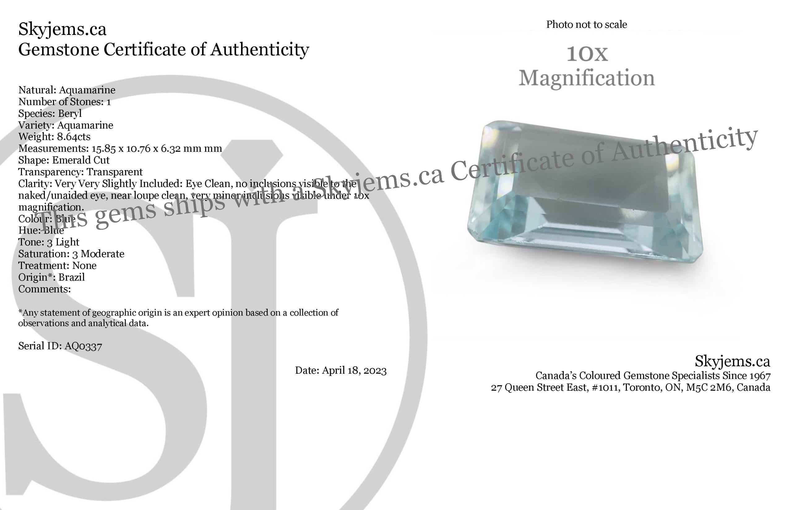  Description:

Gem Type: Aquamarine
Number of Stones: 1
Weight: 8.64 cts
Measurements: 15.85 x 10.76 x 6.32 mm
Shape: Emerald Cut
Cutting Style Crown: Step Cut
Cutting Style Pavilion: Step Cut
Transparency: None
Clarity: Very Very Slightly Included:
