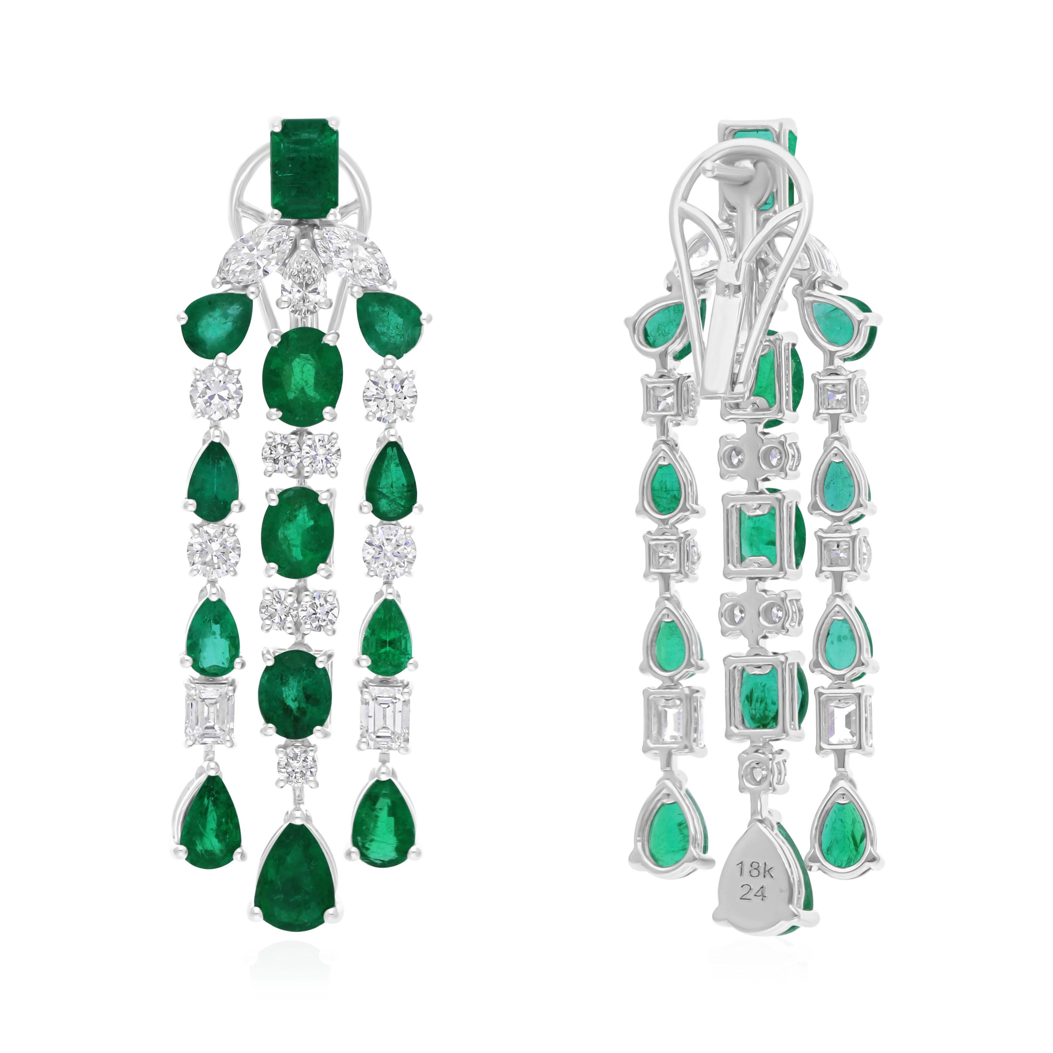 Pendientes Colgantes Triples Esmeralda de Zambia 8,64cts Diamante 3,60cts Oro Blanco 14k Art Decó en venta