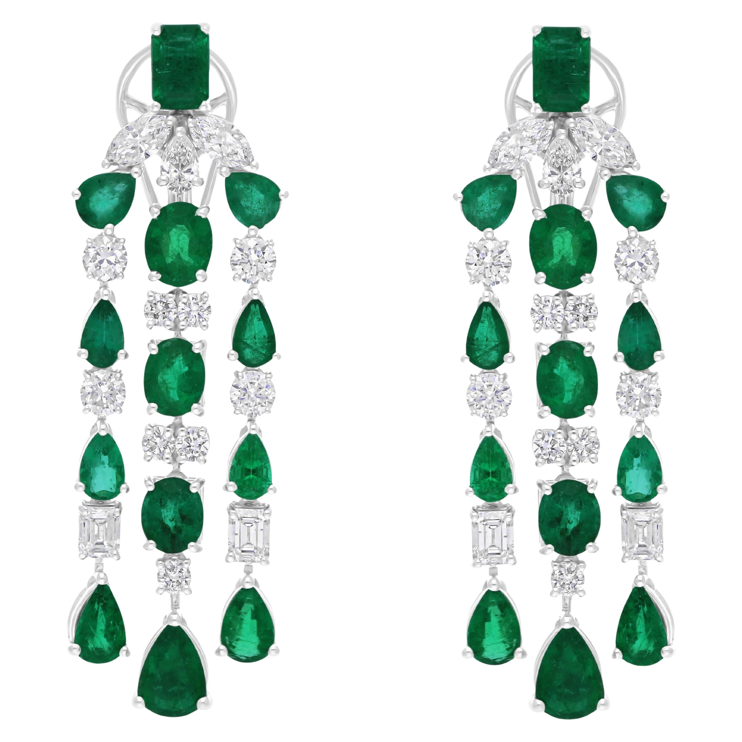 Pendientes Colgantes Triples Esmeralda de Zambia 8,64cts Diamante 3,60cts Oro Blanco 14k
