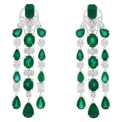 Pendientes Colgantes Triples Esmeralda de Zambia 8,64cts Diamante 3,60cts Oro Blanco 14k
