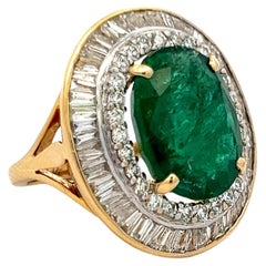 8.65 Carat Emerald 2.45 Carat Baguette and Round Diamond 18K YG Cocktail Ring