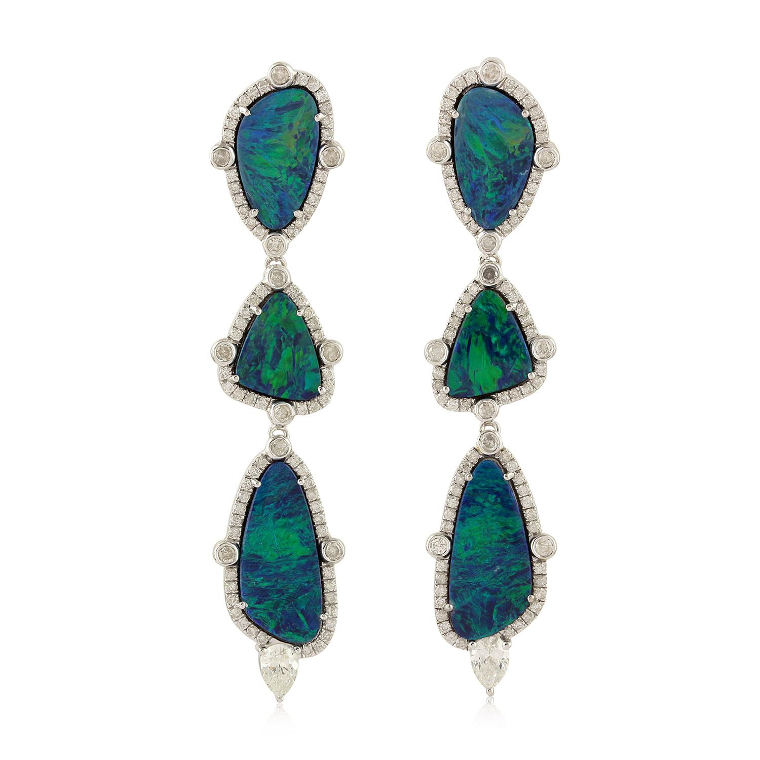 Contemporary 8.65 Carat Opal Diamond 18 Karat Gold Triple Drop Earrings For Sale