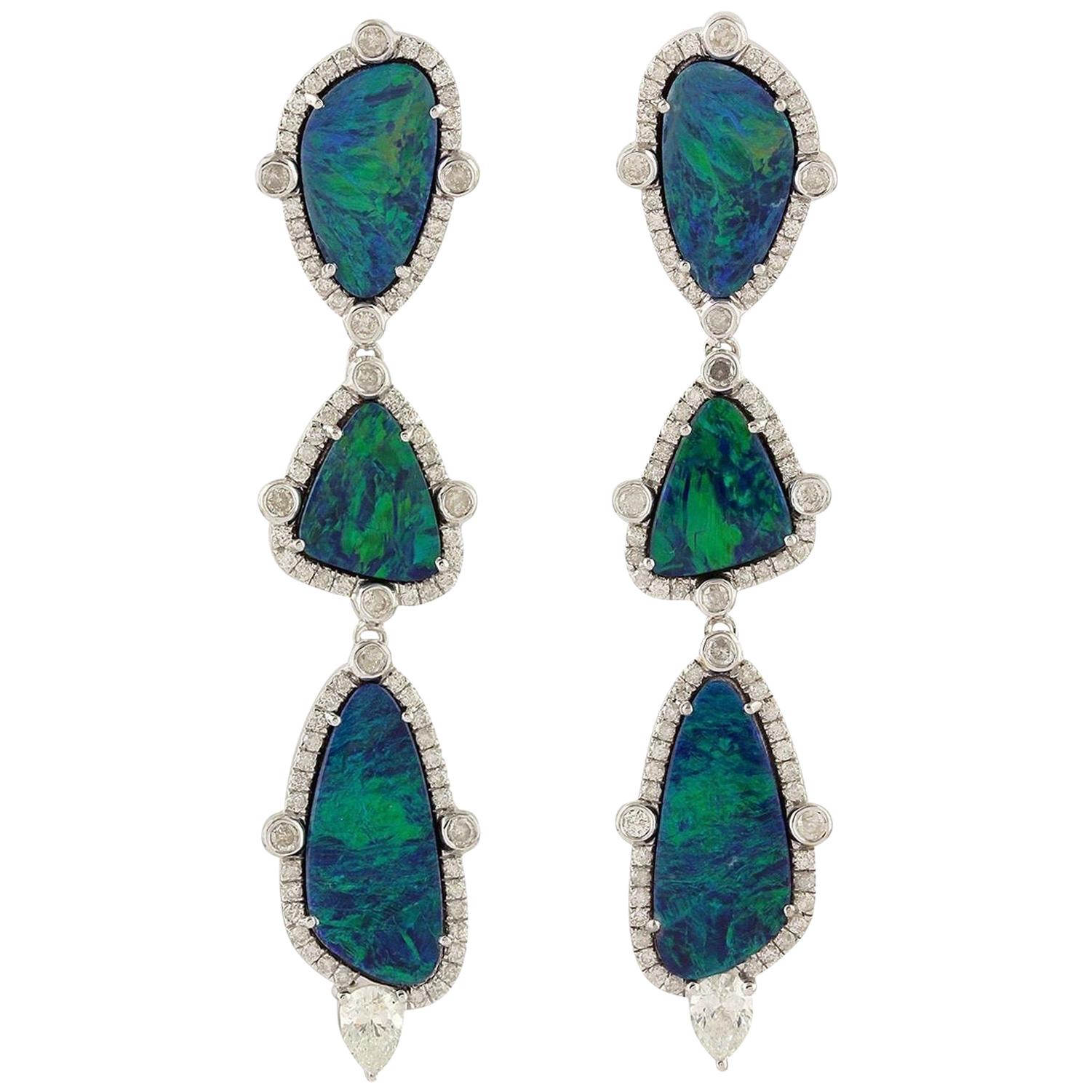 8.65 Carat Opal Diamond 18 Karat Gold Triple Drop Earrings