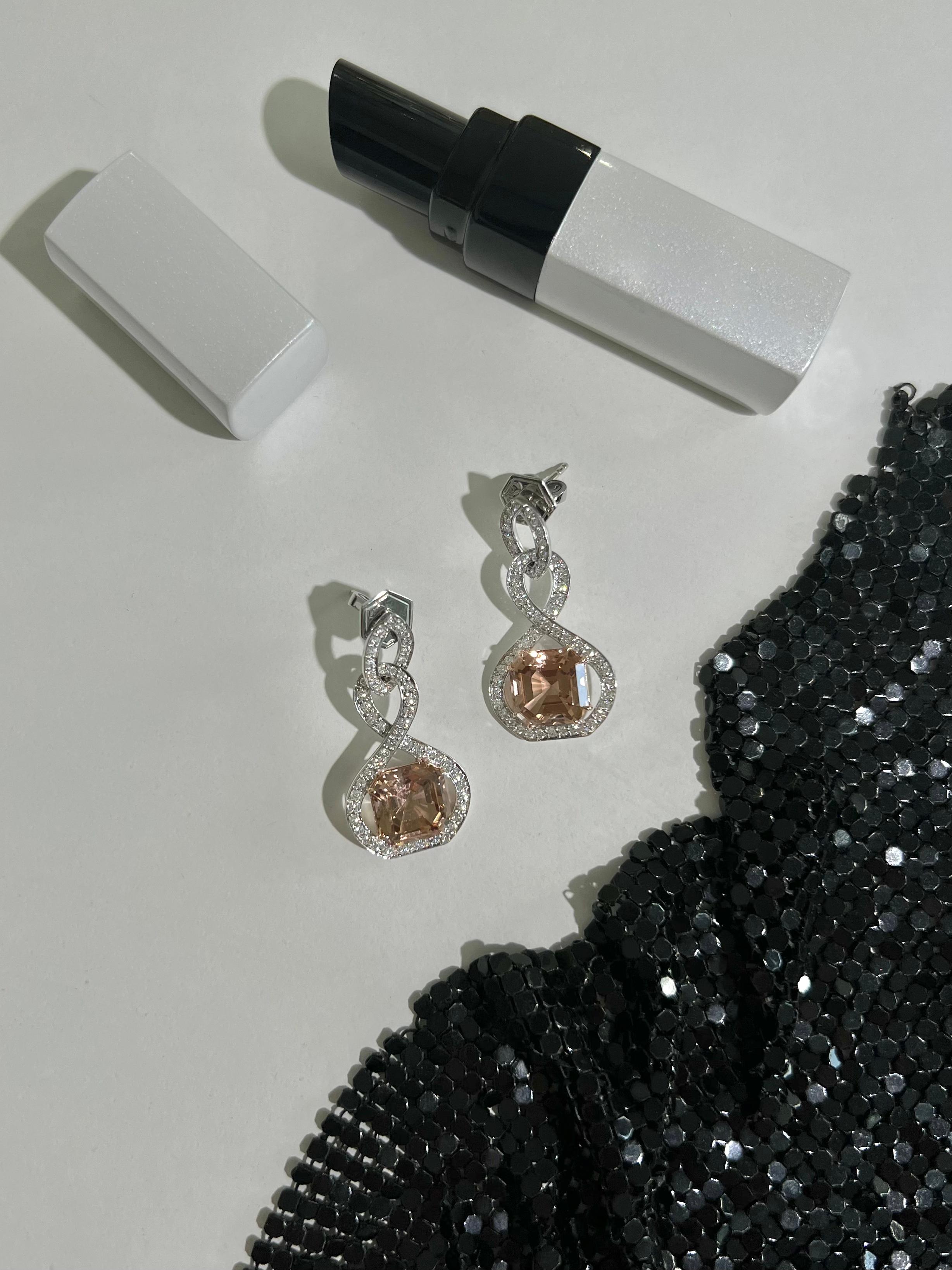 Women's 8.65 Carat Peach Tourmaline and Diamond Dangle Earrings in 18k White Gold For Sale