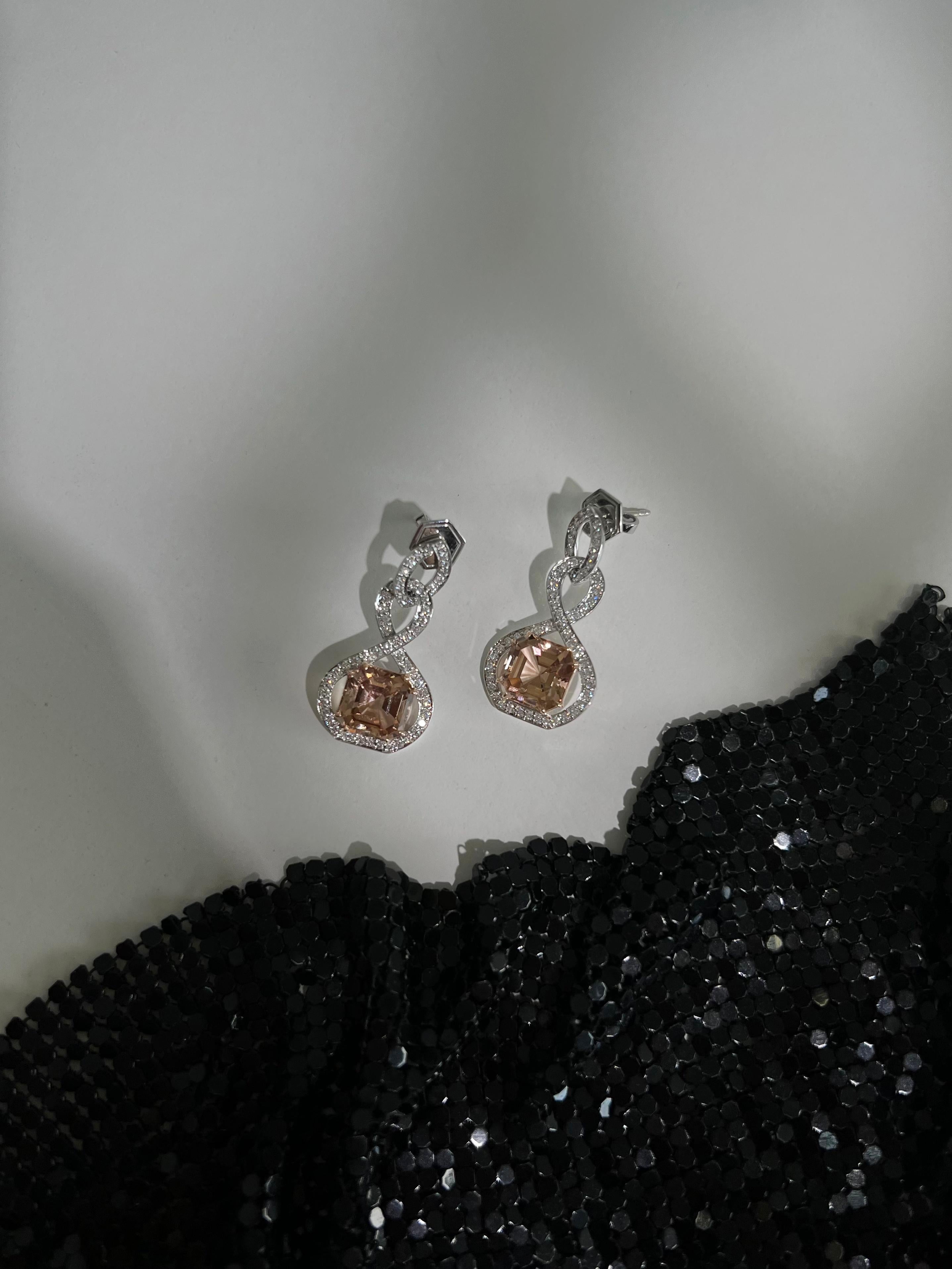 8.65 Carat Peach Tourmaline and Diamond Dangle Earrings in 18k White Gold For Sale 2