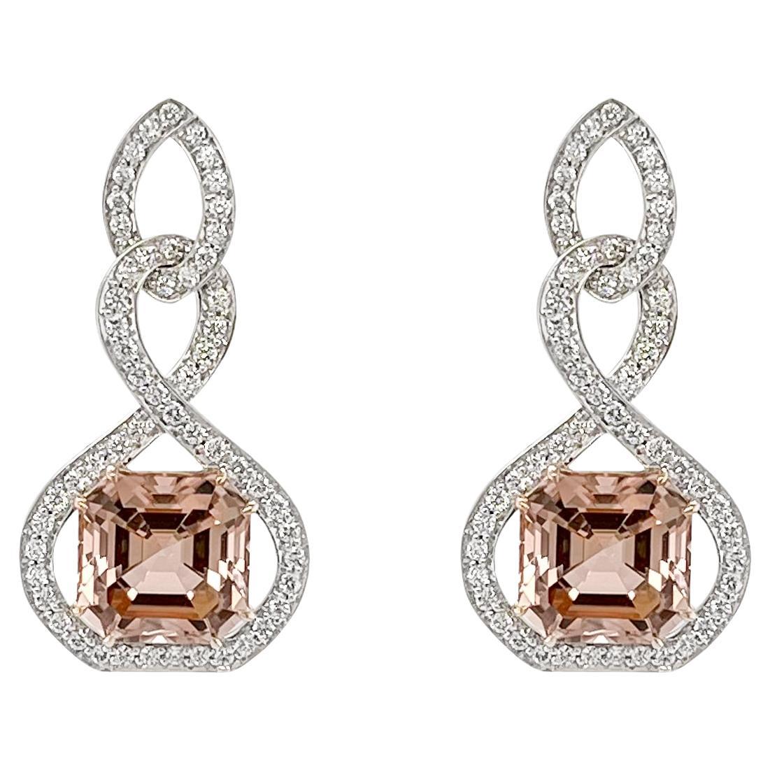 8.65 Carat Peach Tourmaline and Diamond Dangle Earrings in 18k White Gold For Sale