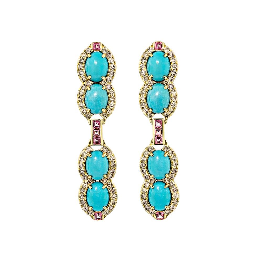 Contemporary 8.65 Carat Turquoise Drop Earrings in 18KYG with Pink Tourmaline and Diamond. For Sale