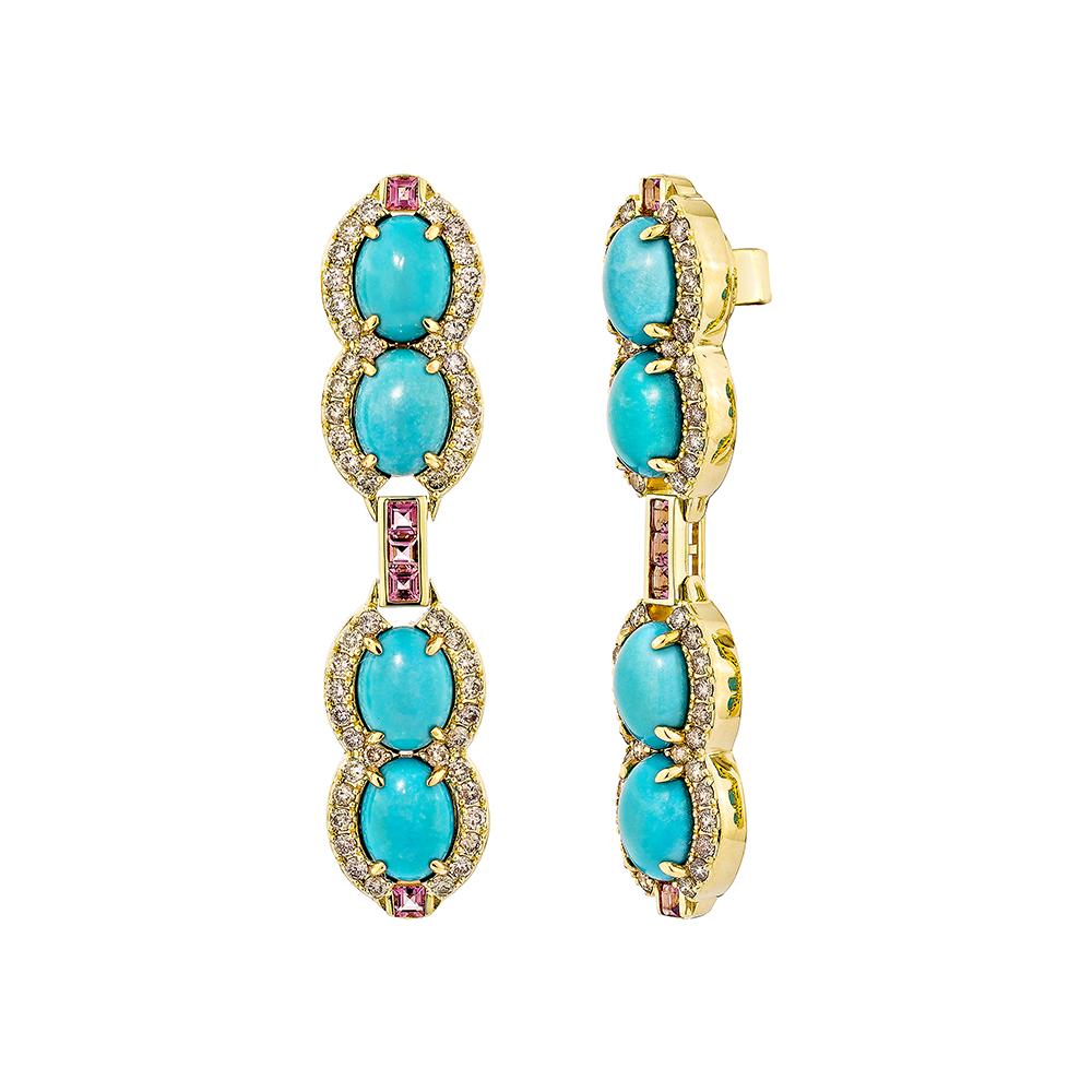 Oval Cut 8.65 Carat Turquoise Drop Earrings in 18KYG with Pink Tourmaline and Diamond. For Sale