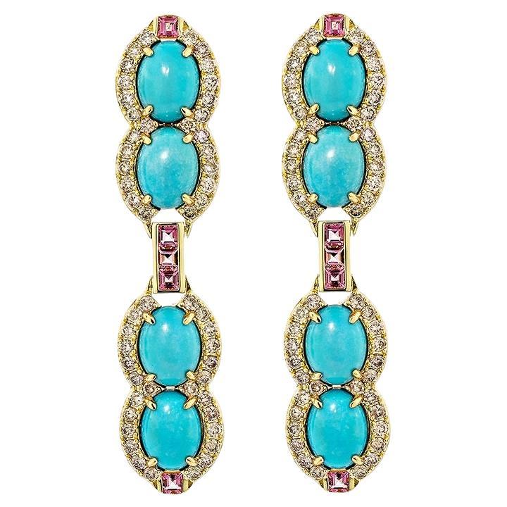 8.65 Carat Turquoise Drop Earrings in 18KYG with Pink Tourmaline and Diamond.